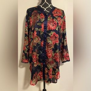EUC Victoria Secret Vintage Gold Label Blue & Pink Floral Sheer Shirt size small